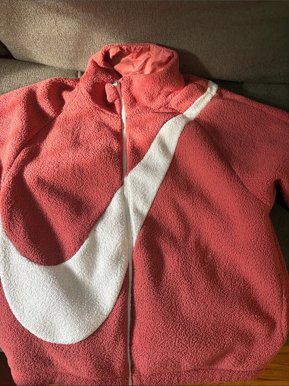 Coral Sherpa Jacket with White Swoosh